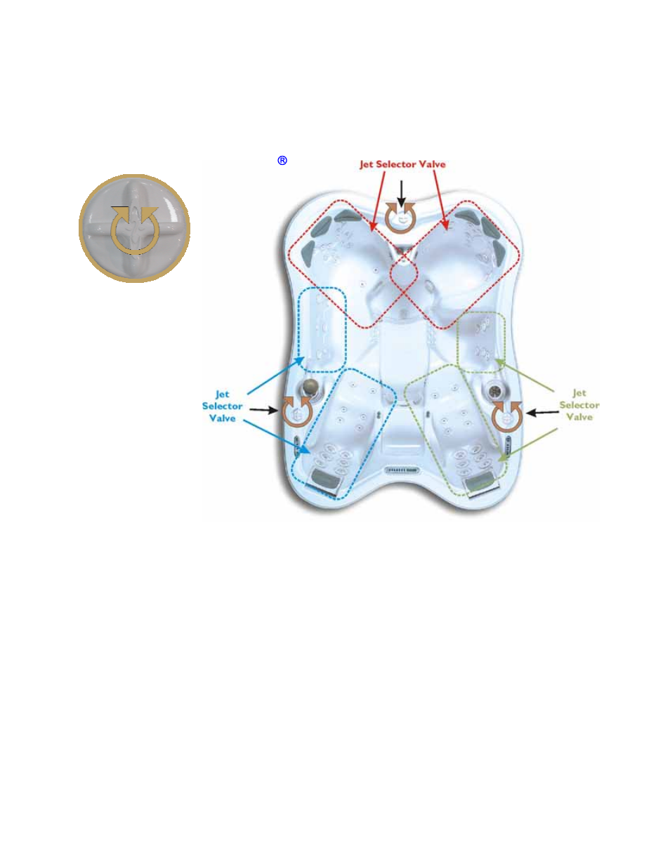 Adjusting water flow, Jet selector valves – sarena bay | Dimension One Spas Bay Collection User Manual | Page 46 / 72