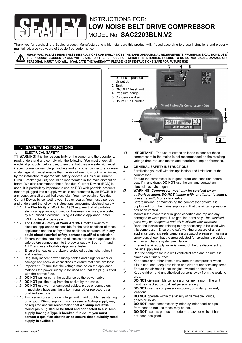 Sealey SAC2203BLN User Manual | 6 pages