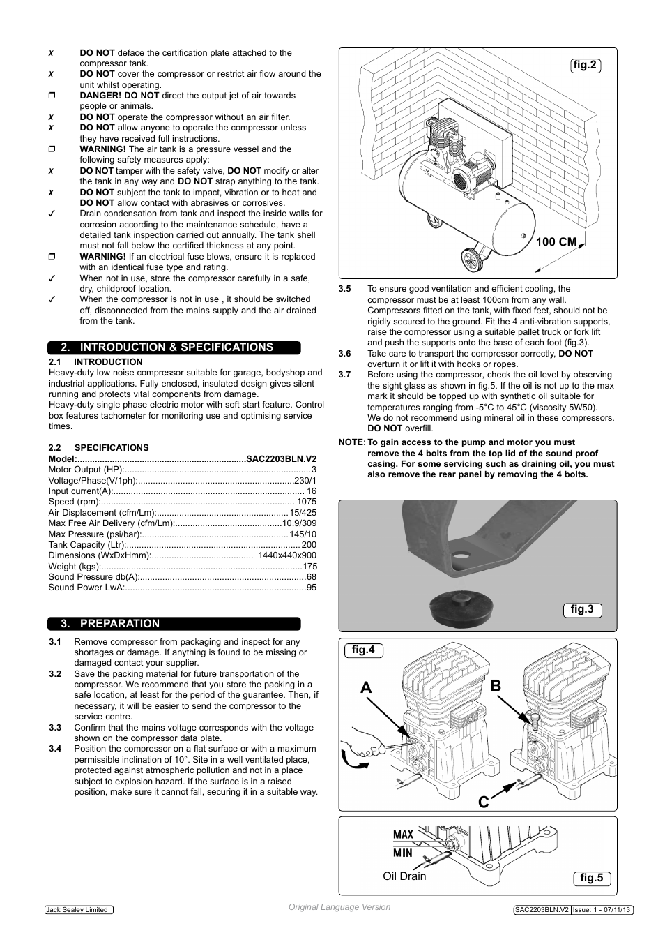 Introduction & specifications, Preparation, Fig.2 | Fig.4 oil drain fig.5 fig.3 | Sealey SAC2203BLN User Manual | Page 2 / 6