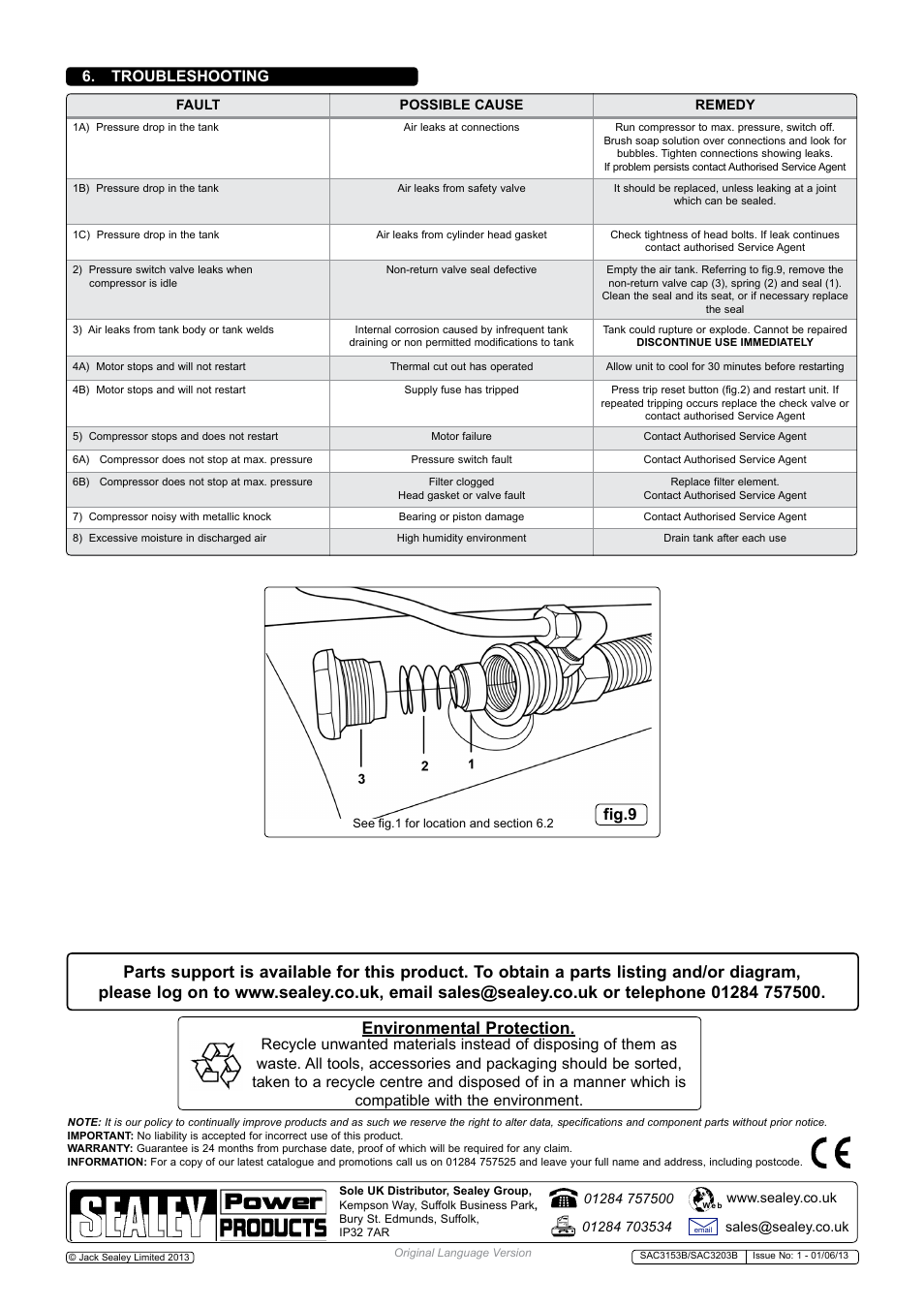 Environmental protection, Fig.9, Troubleshooting | Sealey SAC3153B User Manual | Page 5 / 6