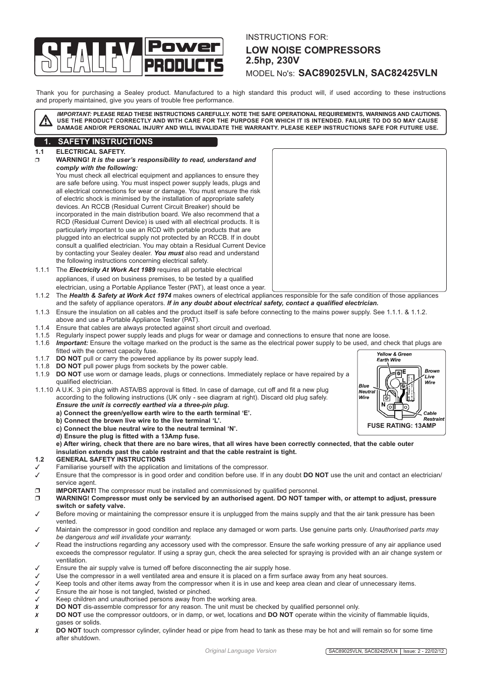 Sealey SAC82425VLN User Manual | 6 pages