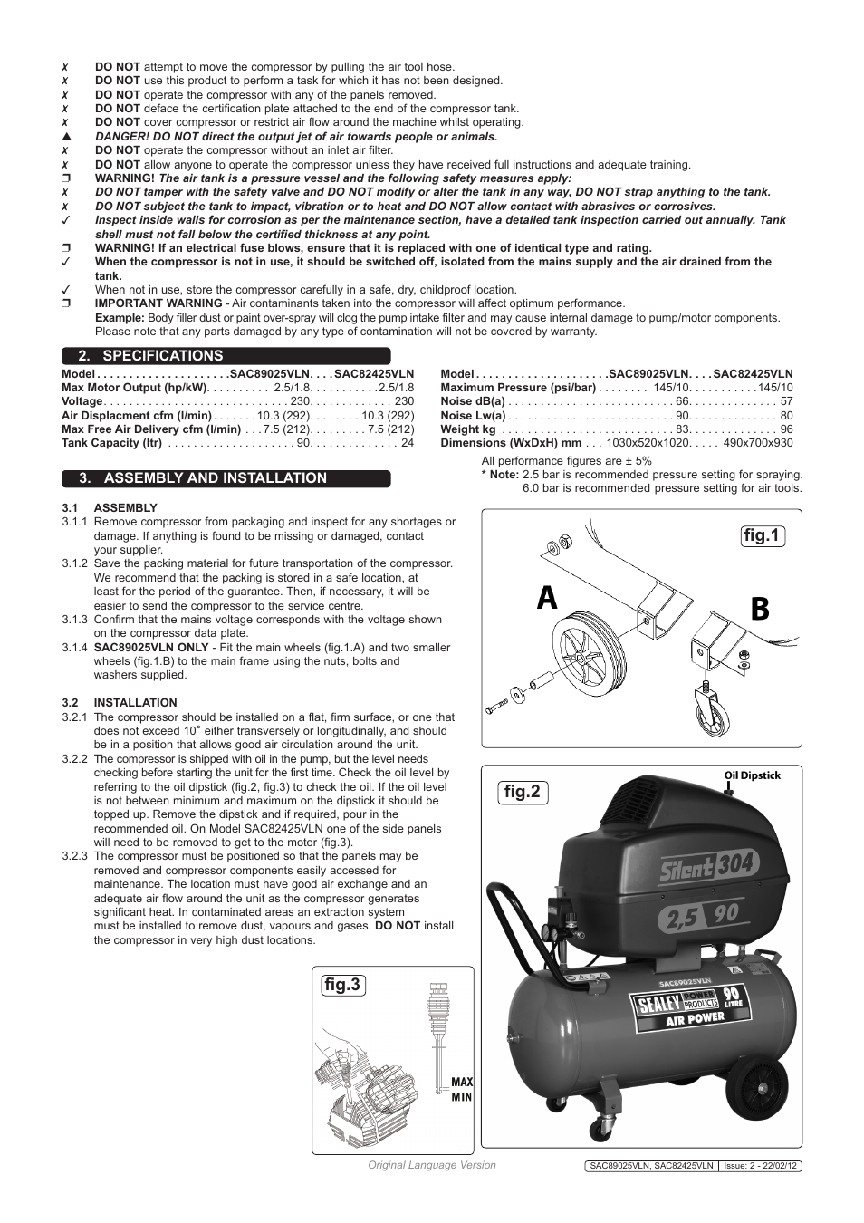 Fig.1 fig.3 fig.2, Specifications 3. assembly and installation | Sealey SAC82425VLN User Manual | Page 2 / 6