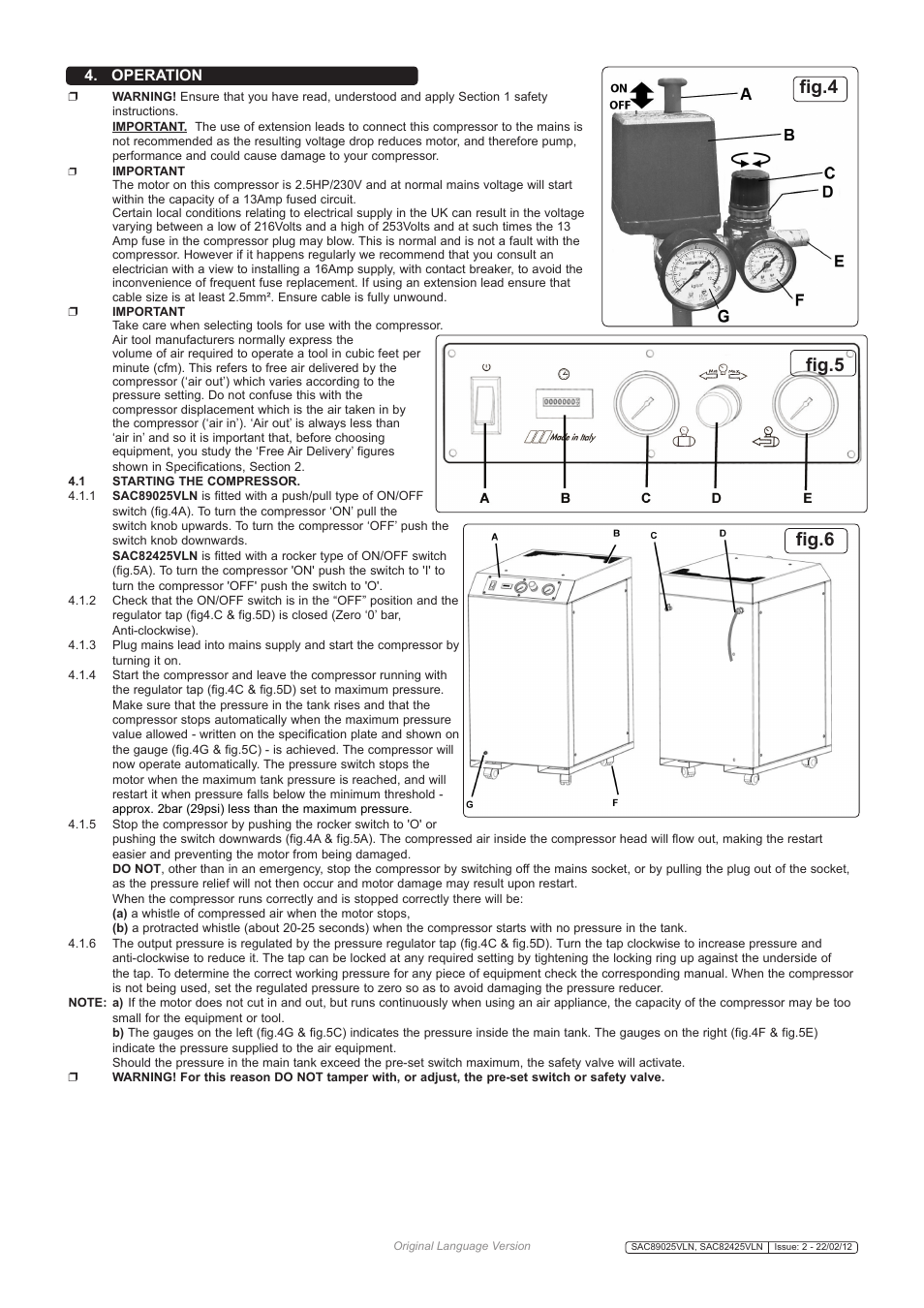 Fig.4 fig.5 fig.6, Operation | Sealey SAC82425VLN User Manual | Page 3 / 6