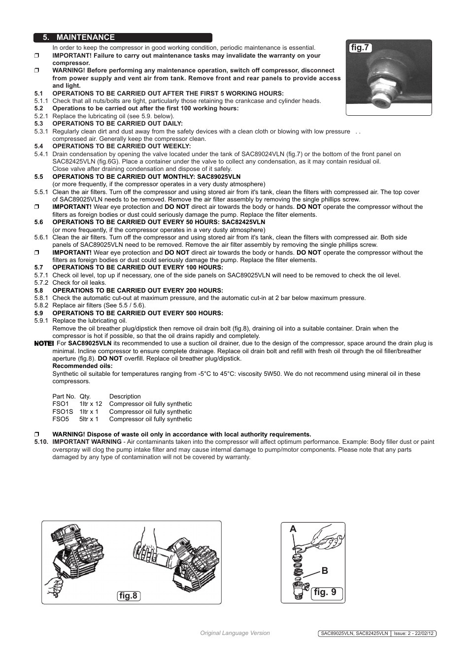 Ab fig. 9, Fig.7 fig.8, Maintenance | Sealey SAC82425VLN User Manual | Page 4 / 6