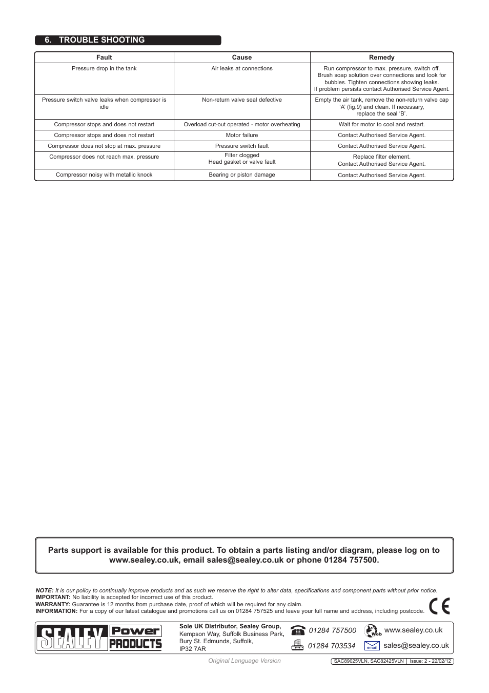 Trouble shooting | Sealey SAC82425VLN User Manual | Page 5 / 6