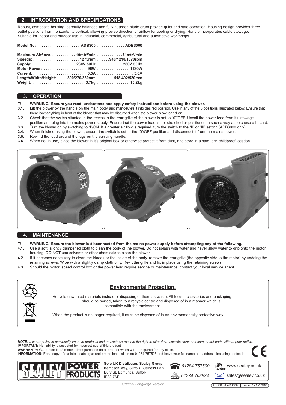 Environmental protection | Sealey ADB300 User Manual | Page 2 / 2