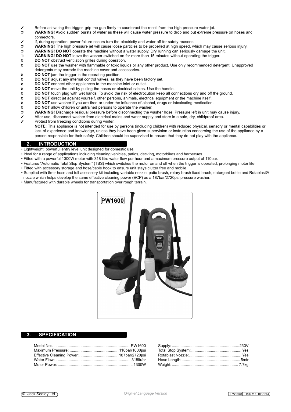 Pw1600, Specification 2. introduction | Sealey PW1600 User Manual | Page 2 / 5