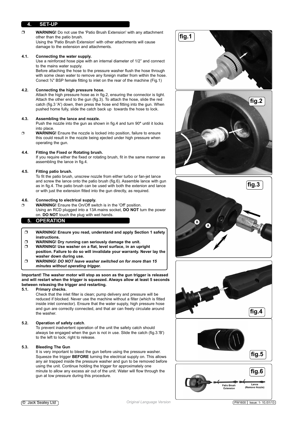 Fig.6 fig.5 fig.1, Set-up, Operation | Sealey PW1600 User Manual | Page 3 / 5