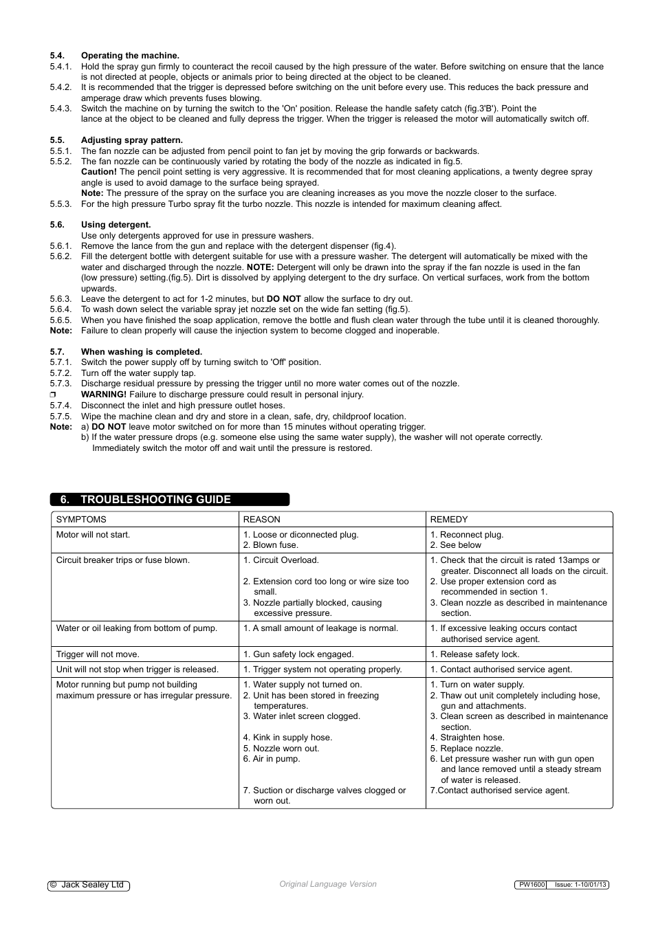 Troubleshooting guide | Sealey PW1600 User Manual | Page 4 / 5