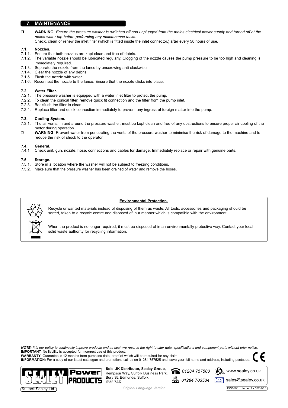 Maintenance | Sealey PW1600 User Manual | Page 5 / 5