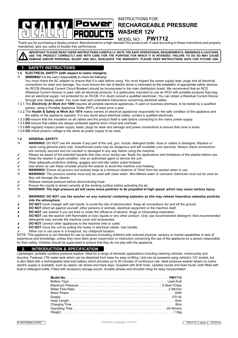 Sealey PW1712 User Manual | 3 pages