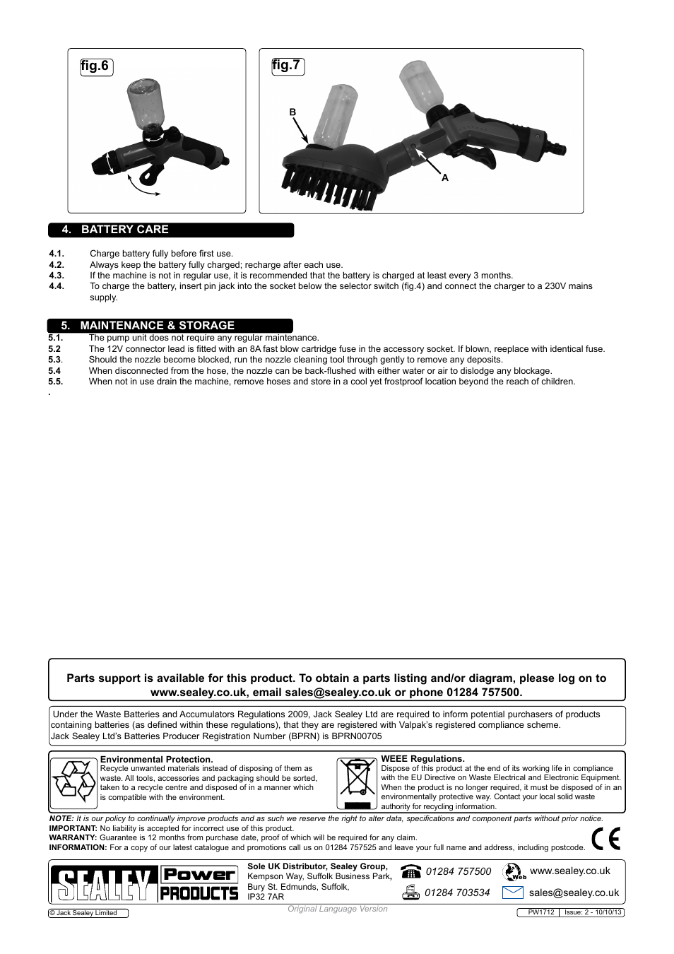 Fig.6 fig.7, Battery care, Maintenance & storage | Sealey PW1712 User Manual | Page 3 / 3