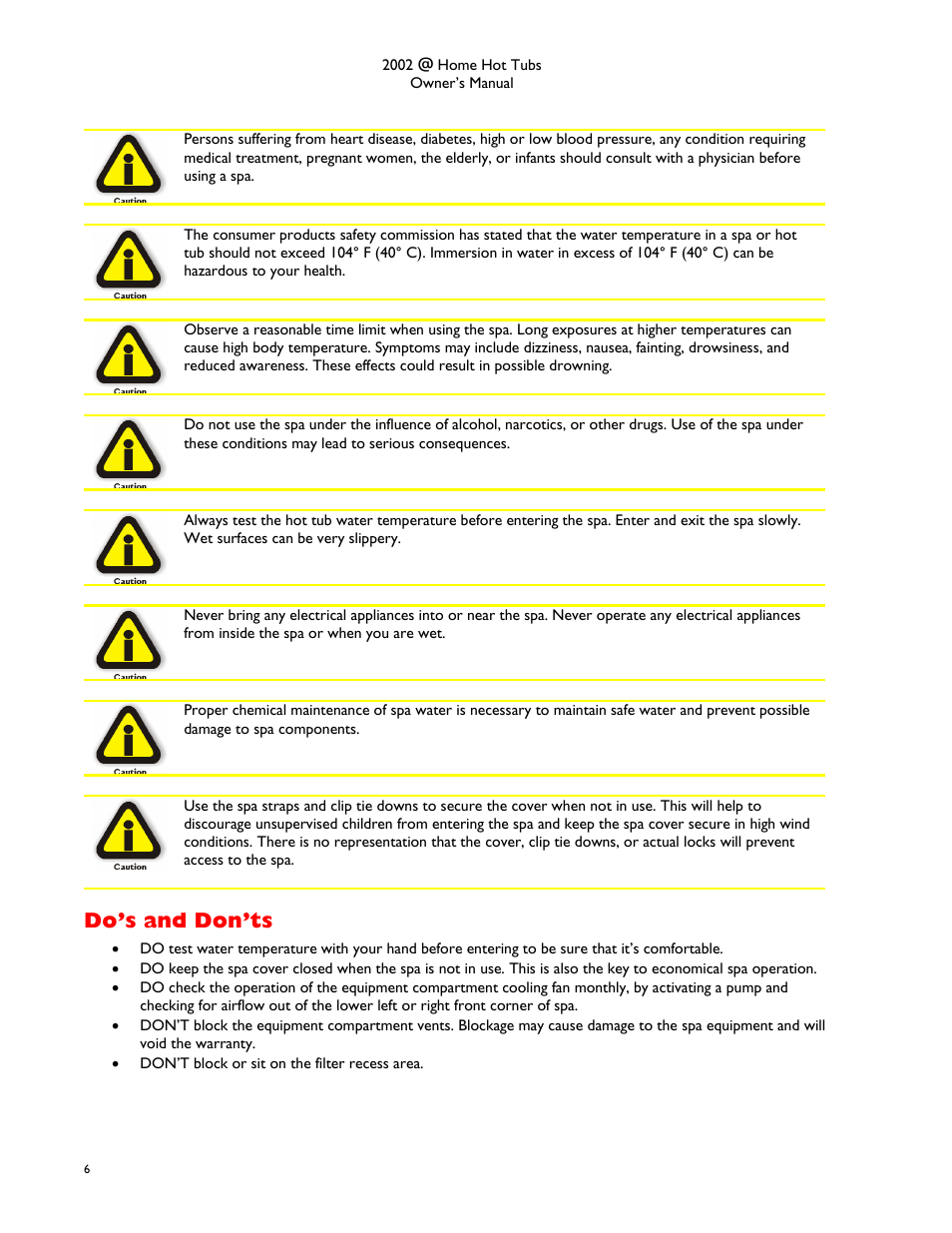 Do’s and don’ts, S and | Dimension One Spas @home Dream HP User Manual | Page 10 / 28