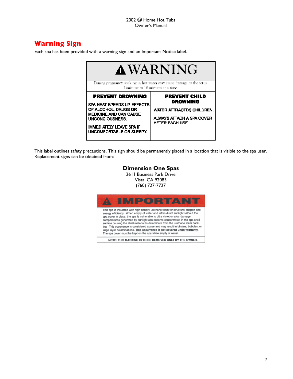 Warning sign, Arning | Dimension One Spas @home Dream HP User Manual | Page 11 / 28