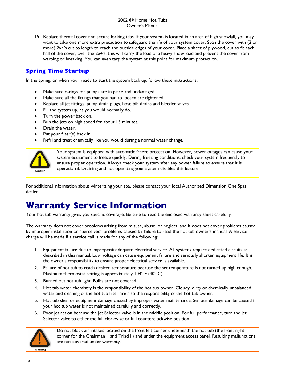 Spring time startup, Warranty service information | Dimension One Spas @home Dream HP User Manual | Page 22 / 28