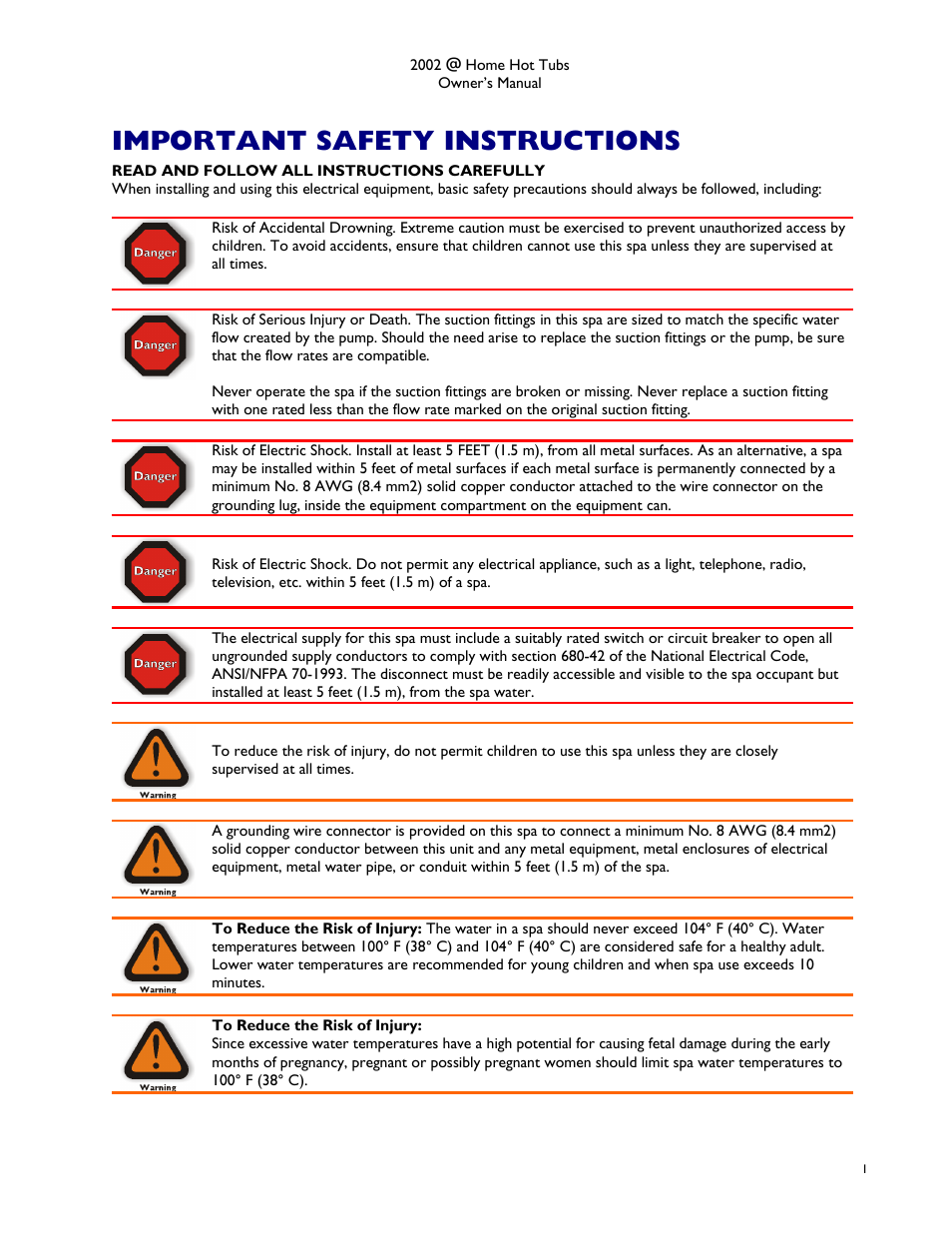 Important safety instructions | Dimension One Spas @home Dream HP User Manual | Page 5 / 28