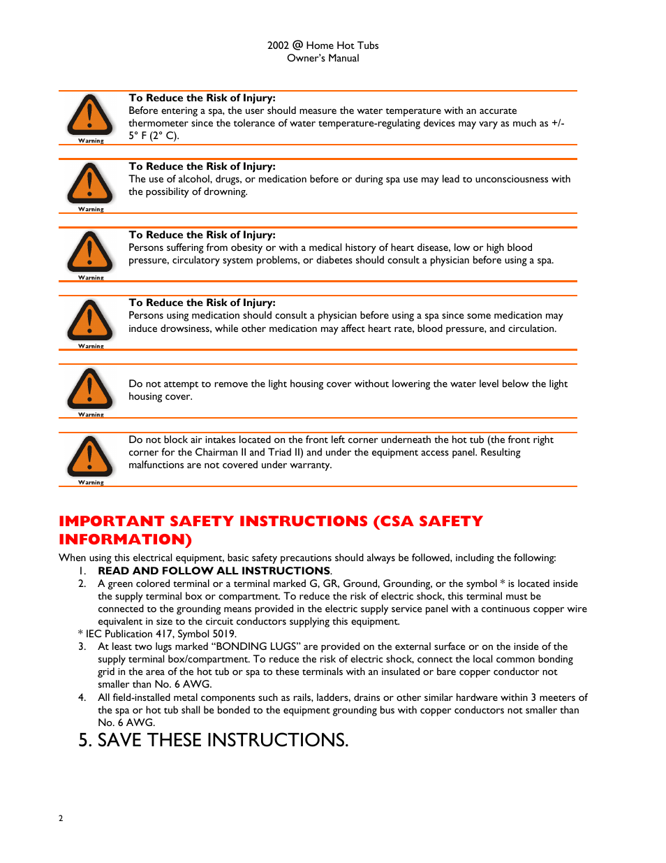 Save these instructions | Dimension One Spas @home Dream HP User Manual | Page 6 / 28
