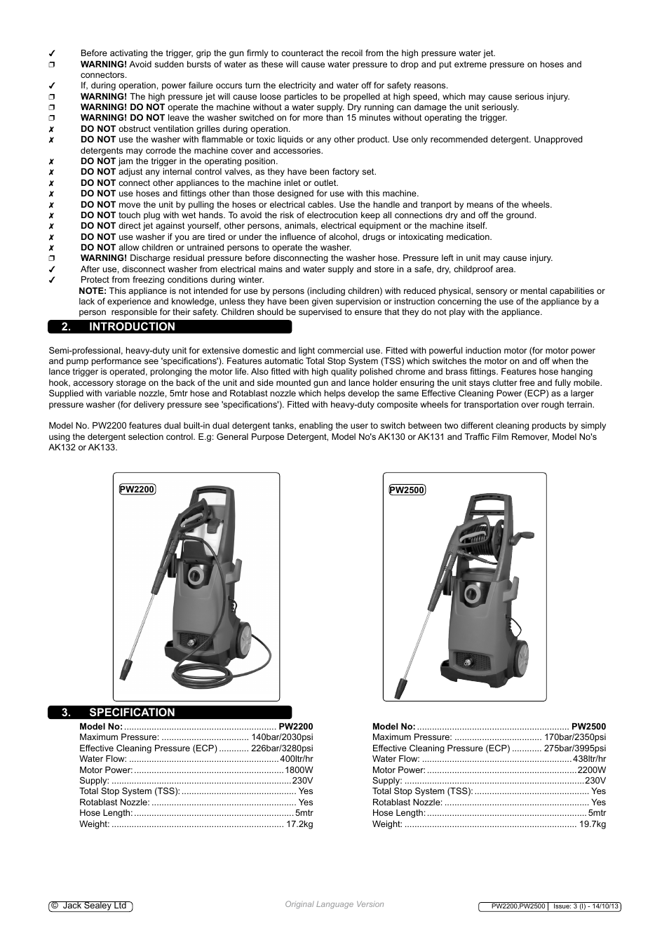 Specification 2. introduction | Sealey PW2200 User Manual | Page 2 / 5