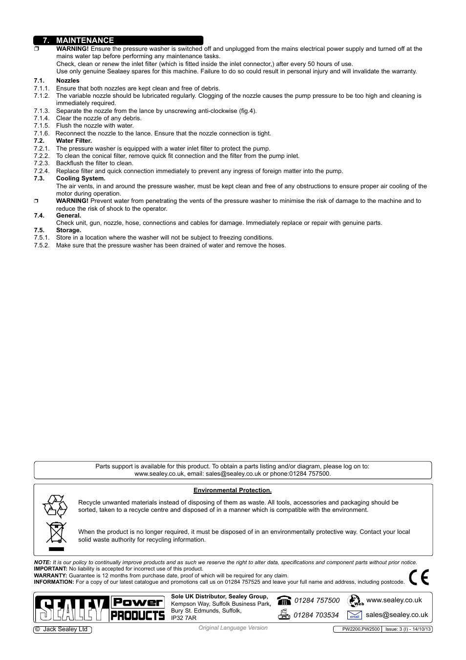 Maintenance | Sealey PW2200 User Manual | Page 5 / 5