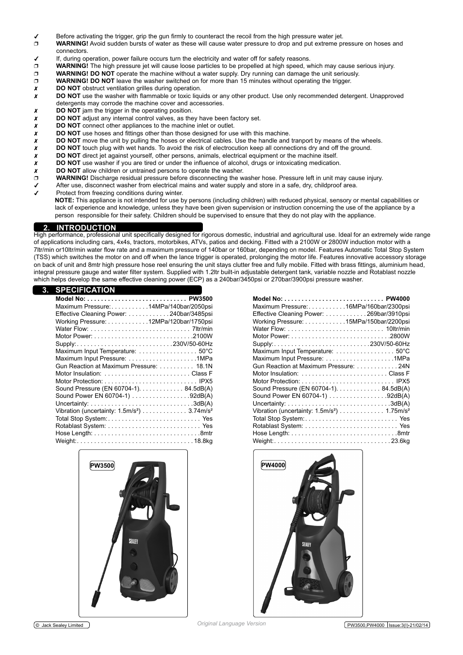 Specification 2. introduction | Sealey PW3500 User Manual | Page 2 / 4