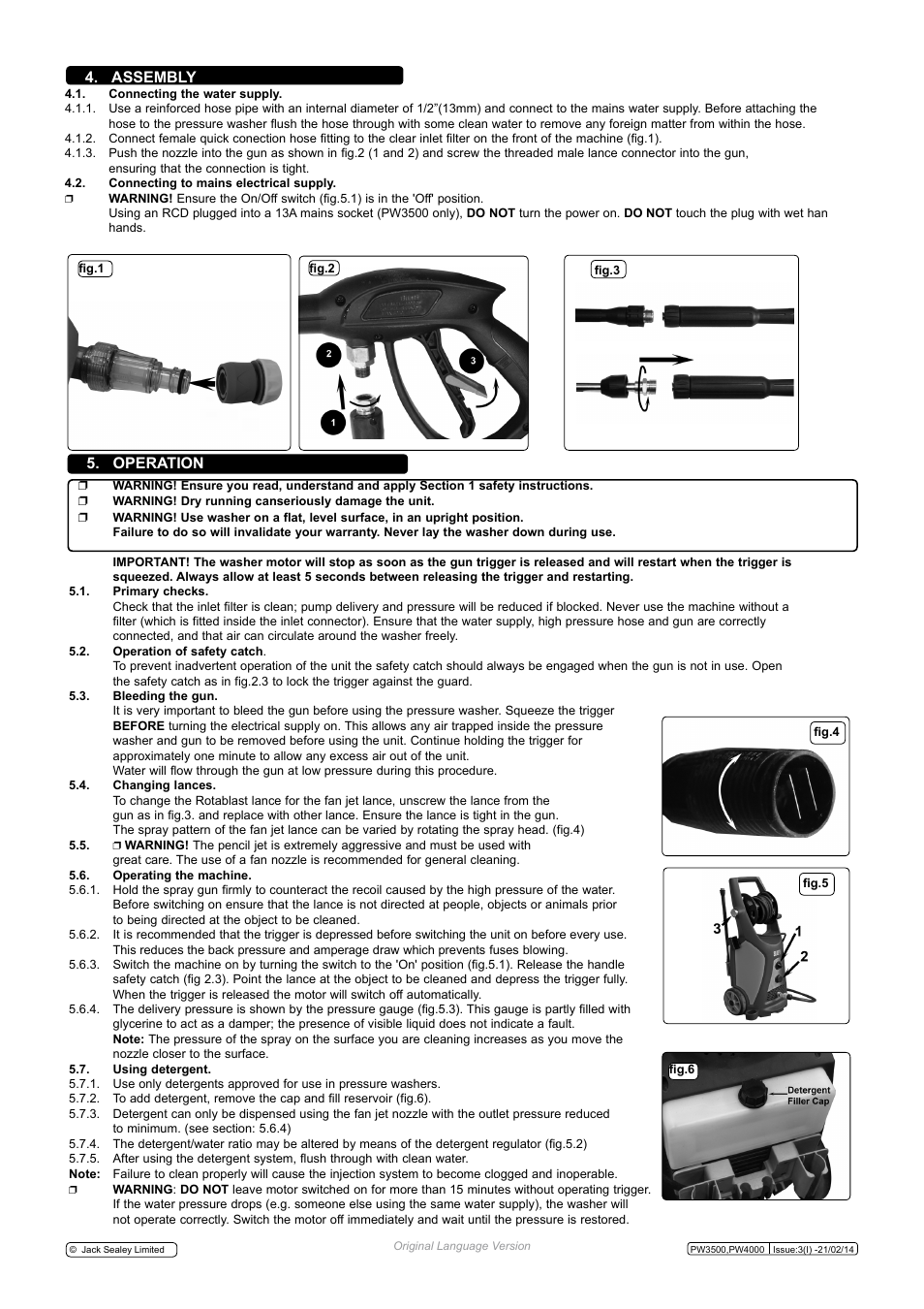 Assembly 5. operation | Sealey PW3500 User Manual | Page 3 / 4