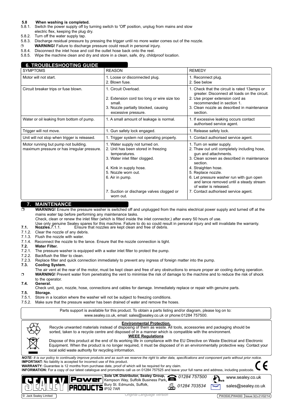 Troubleshooting guide, Maintenance | Sealey PW3500 User Manual | Page 4 / 4