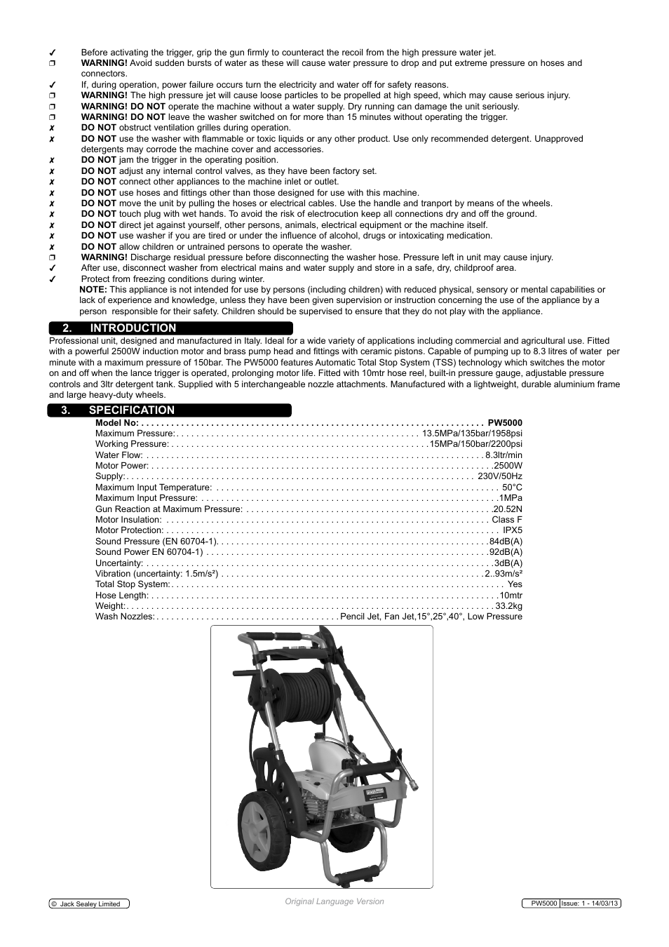 Specification 2. introduction | Sealey PW5000 User Manual | Page 2 / 5