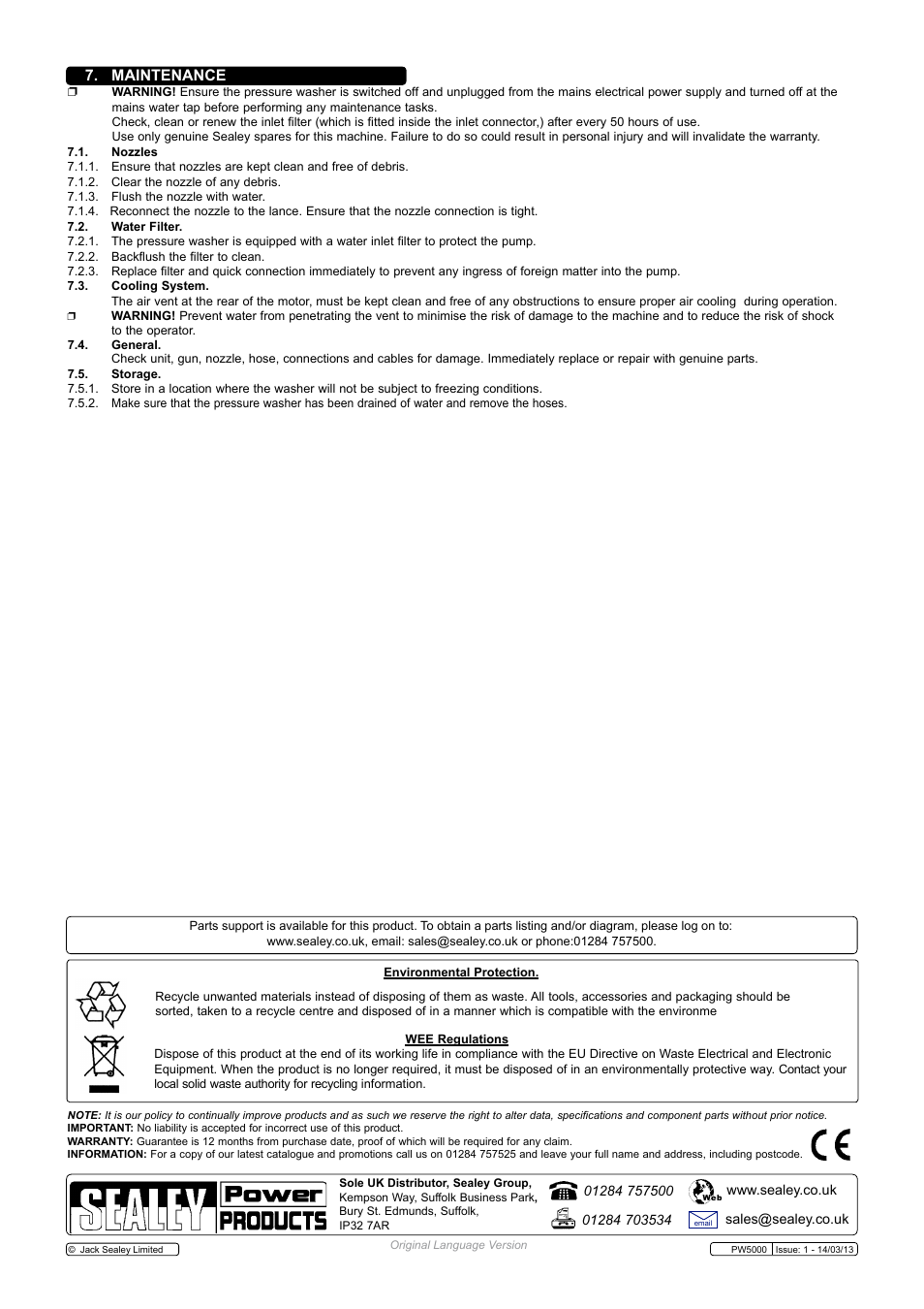 Maintenance | Sealey PW5000 User Manual | Page 5 / 5