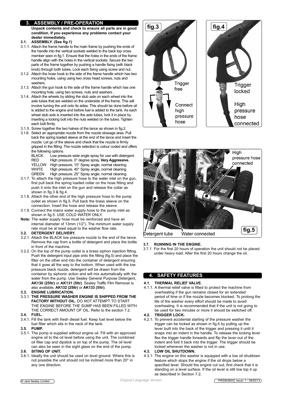 Fig.3 fig.4 fig.5, Assembly / pre-operation, Safety features | Sealey PWDM3600 User Manual | Page 3 / 7