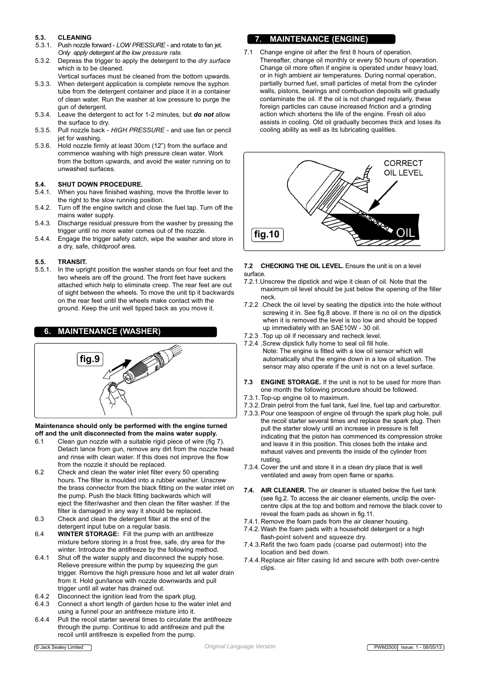 Fig.10, Fig.9, Maintenance (engine) | Maintenance (washer) | Sealey PWM2500 User Manual | Page 4 / 6