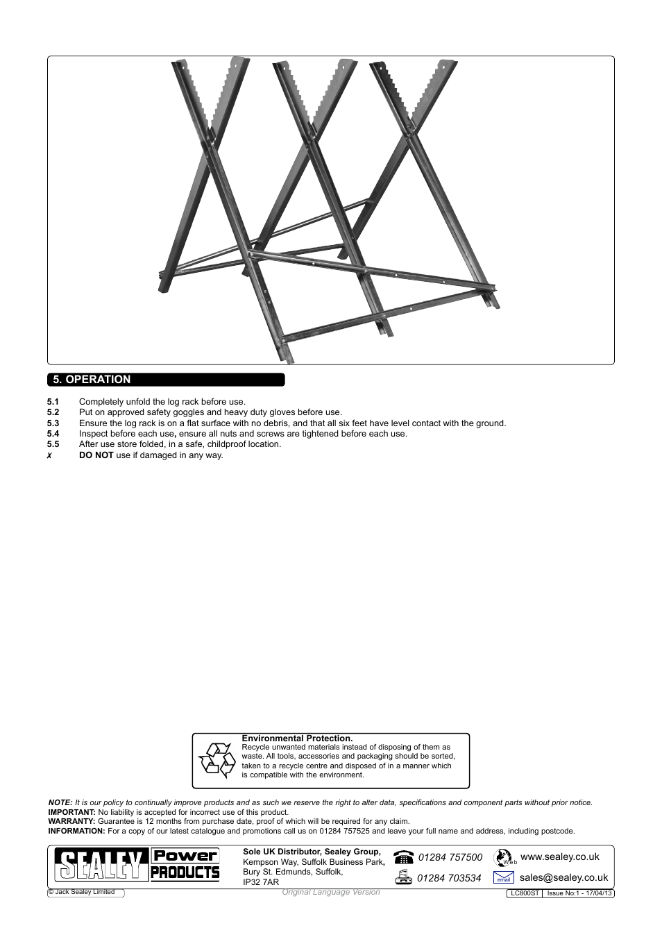 Operation | Sealey LC800ST User Manual | Page 2 / 2