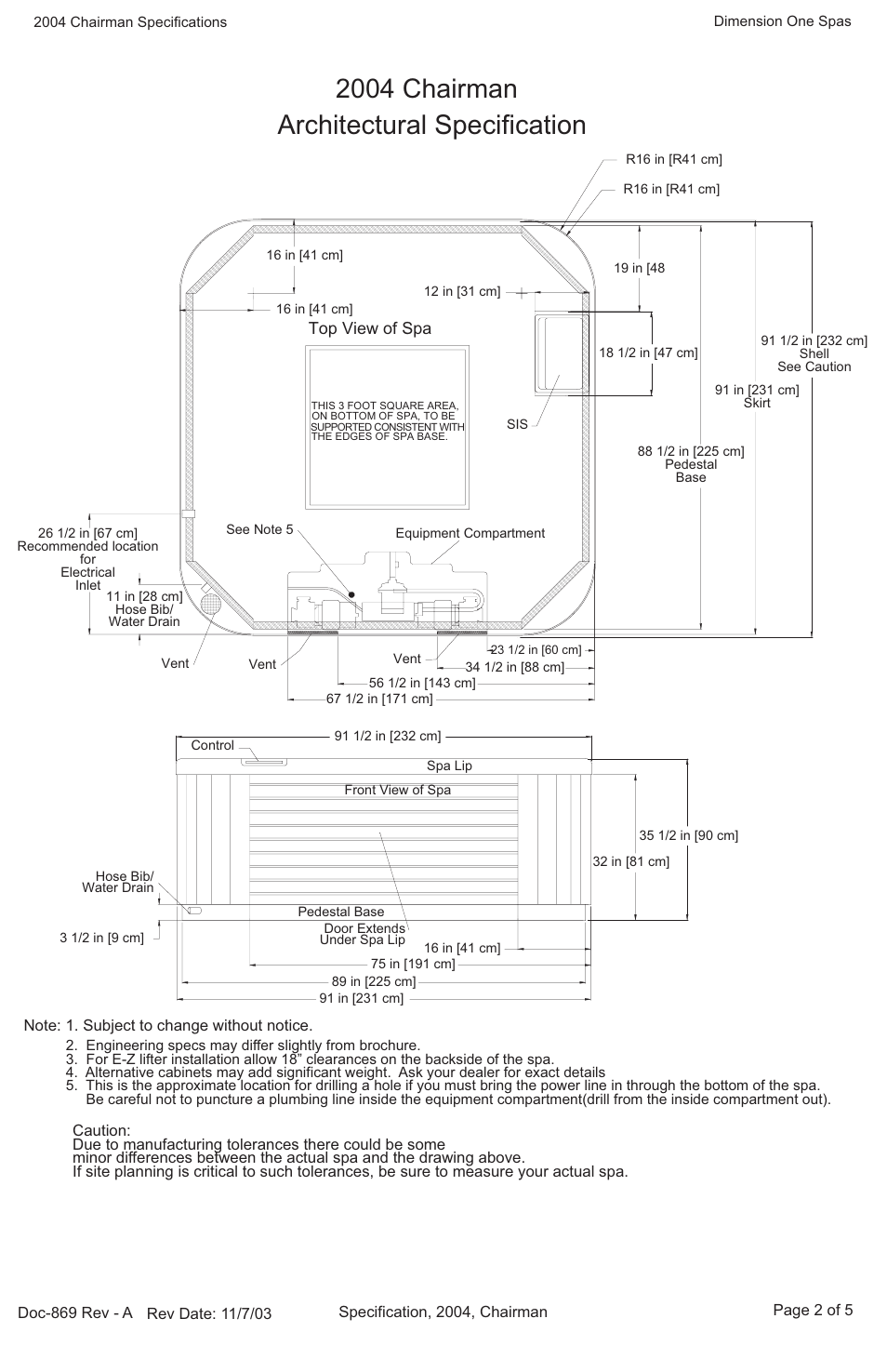 2004 chairman, Architectural specification | Dimension One Spas D1 Spas Series User Manual | Page 2 / 2