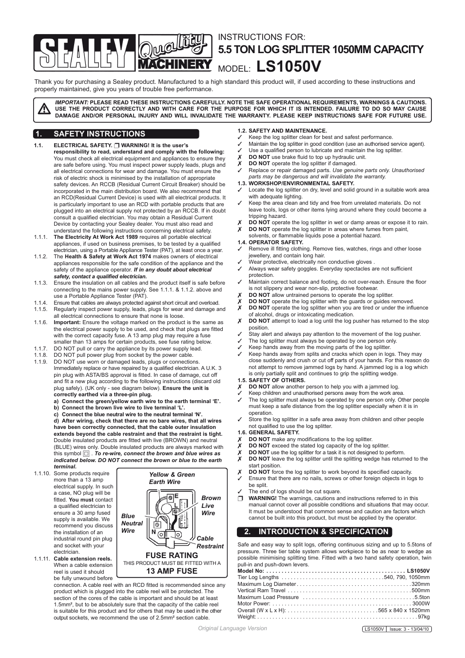 Sealey LS1050V User Manual | 4 pages