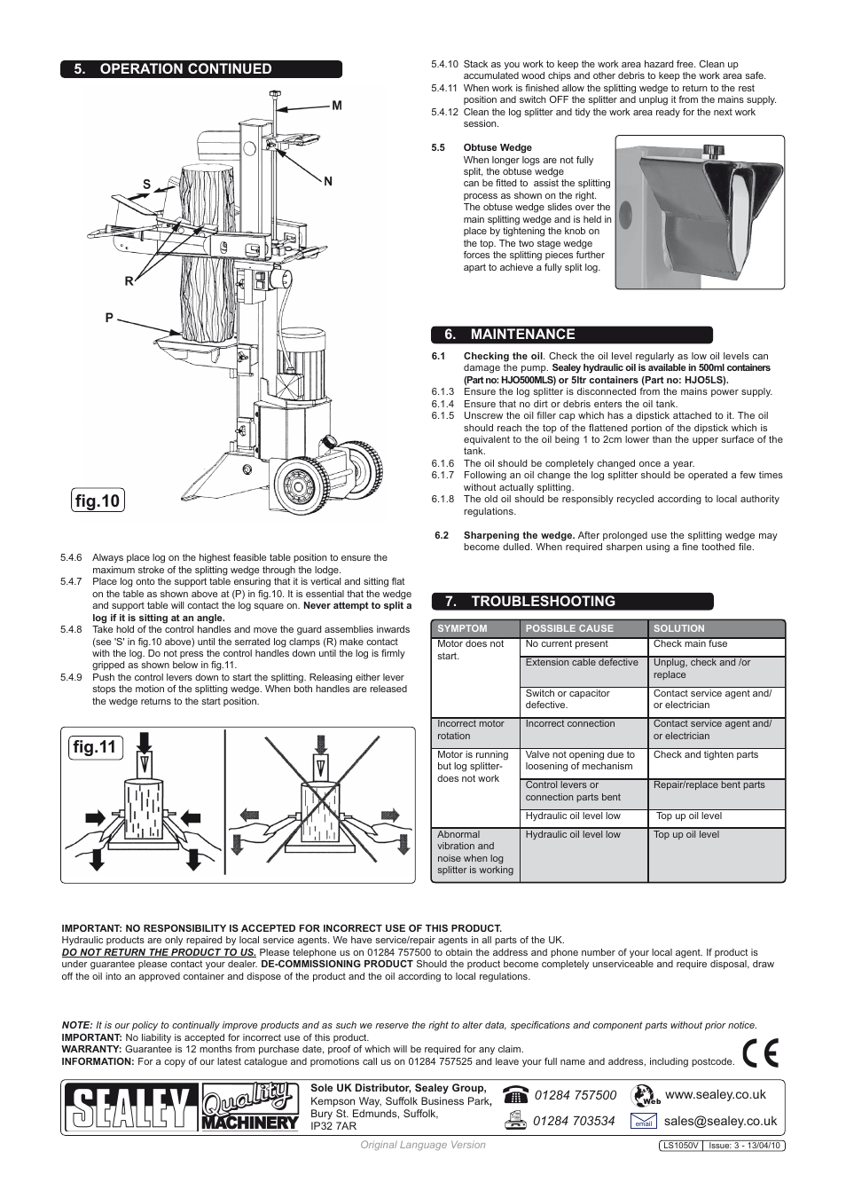 Fig.10 fig.11, Maintenance 7. troubleshooting, Operation continued | Sealey LS1050V User Manual | Page 4 / 4