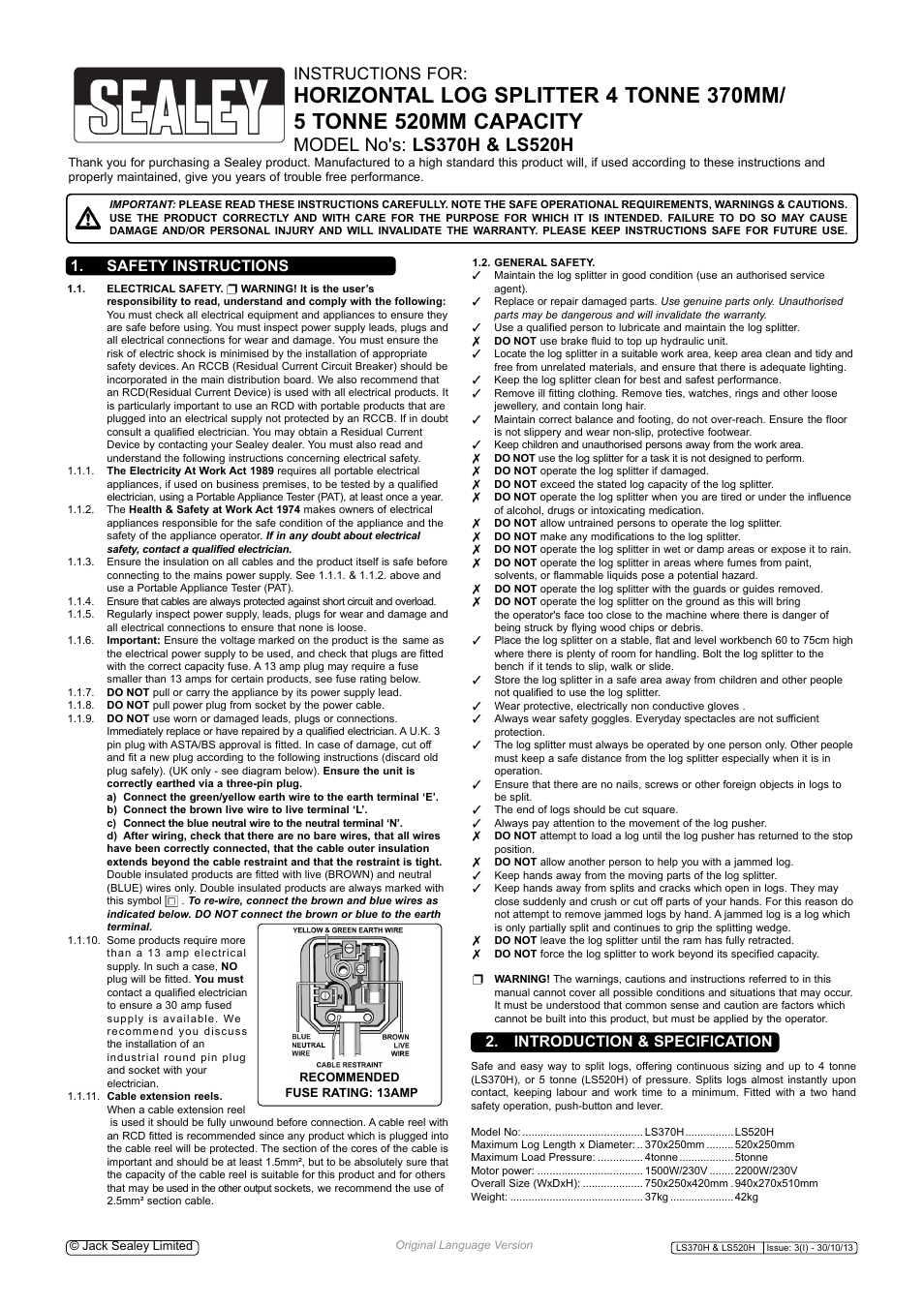 Sealey LS370H User Manual | 3 pages