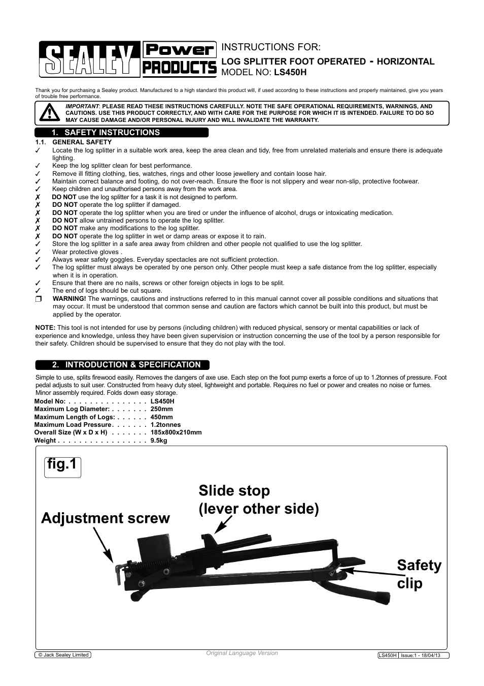 Sealey LS450H User Manual | 2 pages