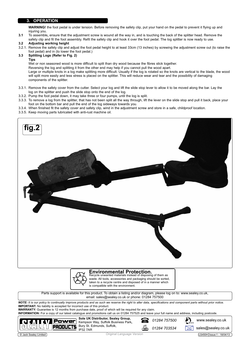 Fig.2, Environmental protection, Operation | Sealey LS450H User Manual | Page 2 / 2