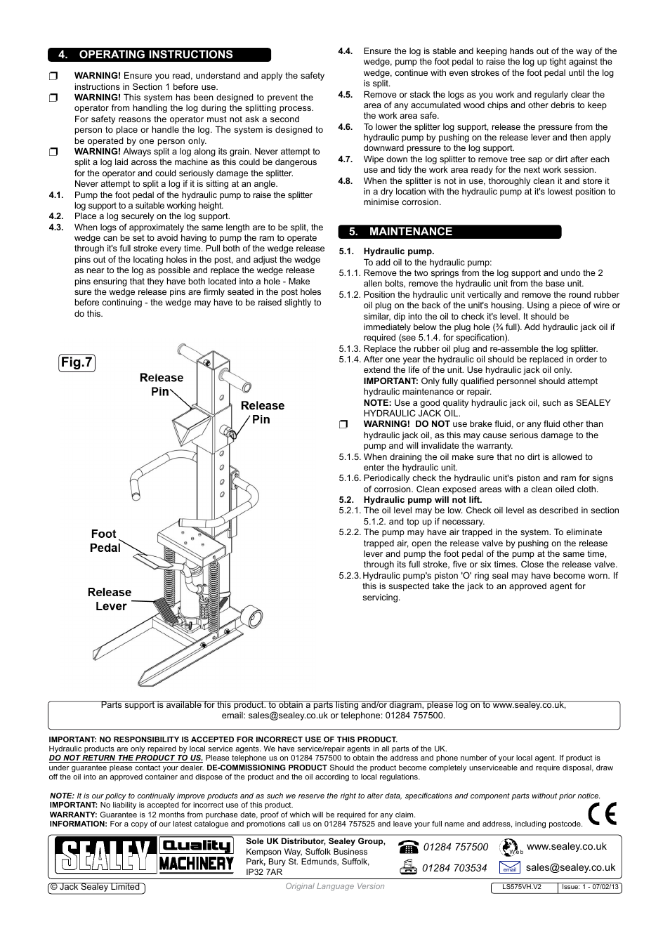 Fig.7, Operating instructions, Maintenance | Sealey LS575VH User Manual | Page 3 / 3