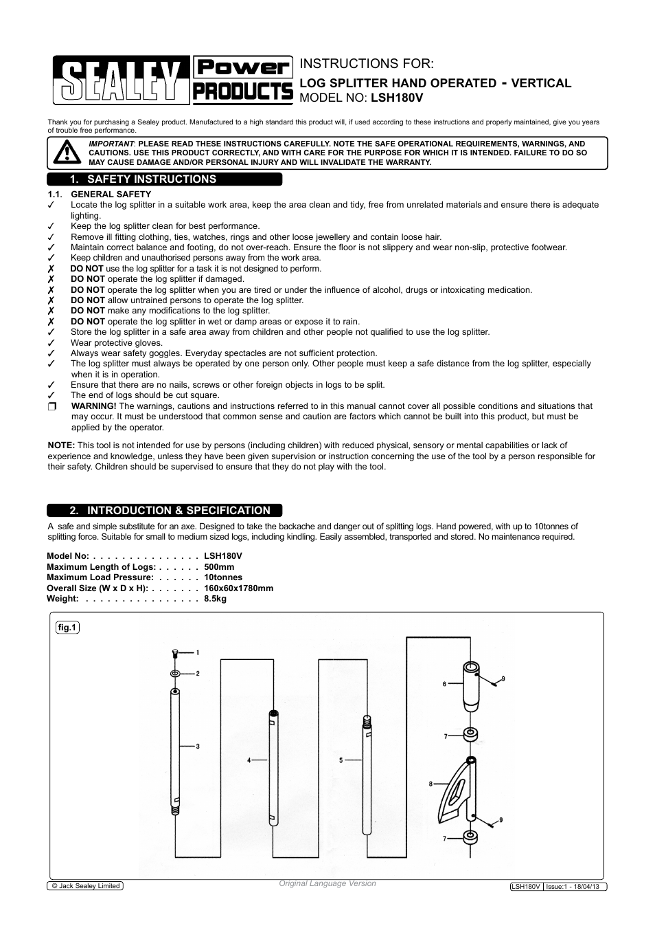 Sealey LSH180V User Manual | 2 pages