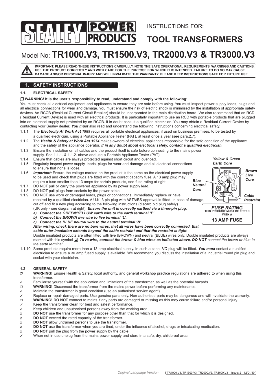 Sealey TR1000 User Manual | 2 pages