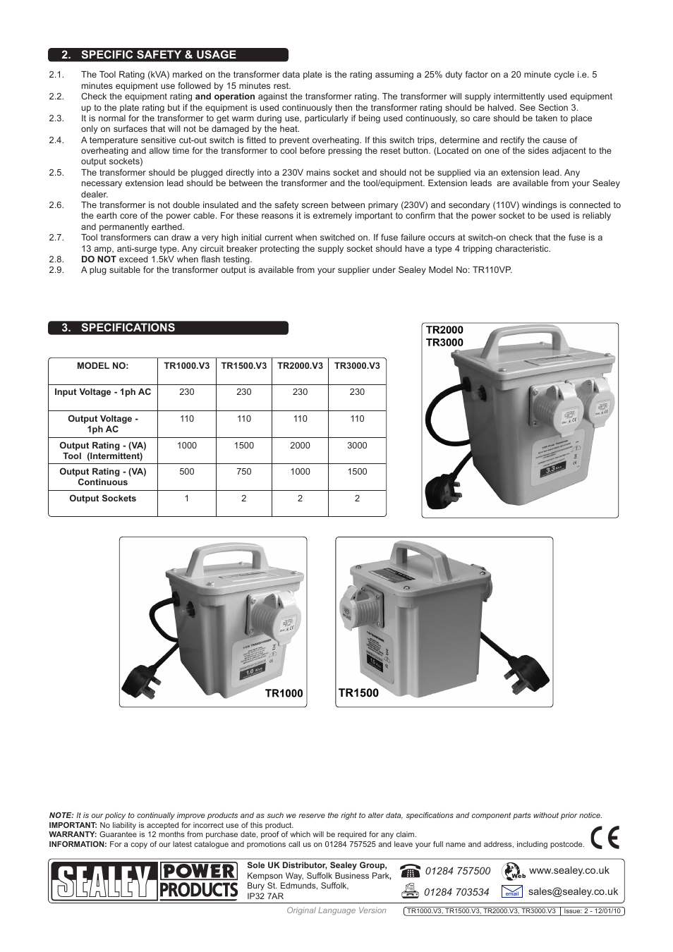 Specifications 2. specific safety & usage | Sealey TR1000 User Manual | Page 2 / 2