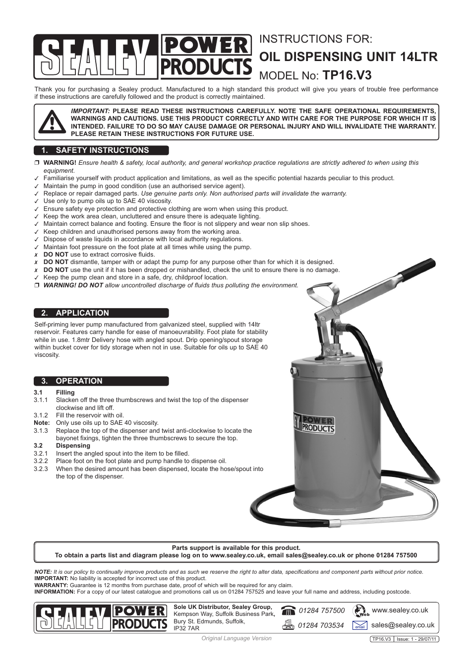 Sealey TP16 User Manual | 1 page