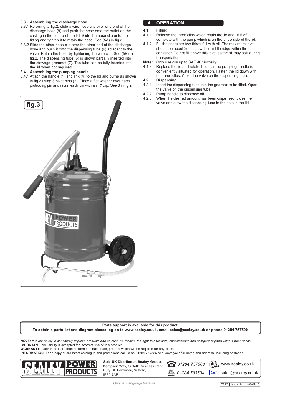 Fig.3, Operation | Sealey TP17 User Manual | Page 2 / 2