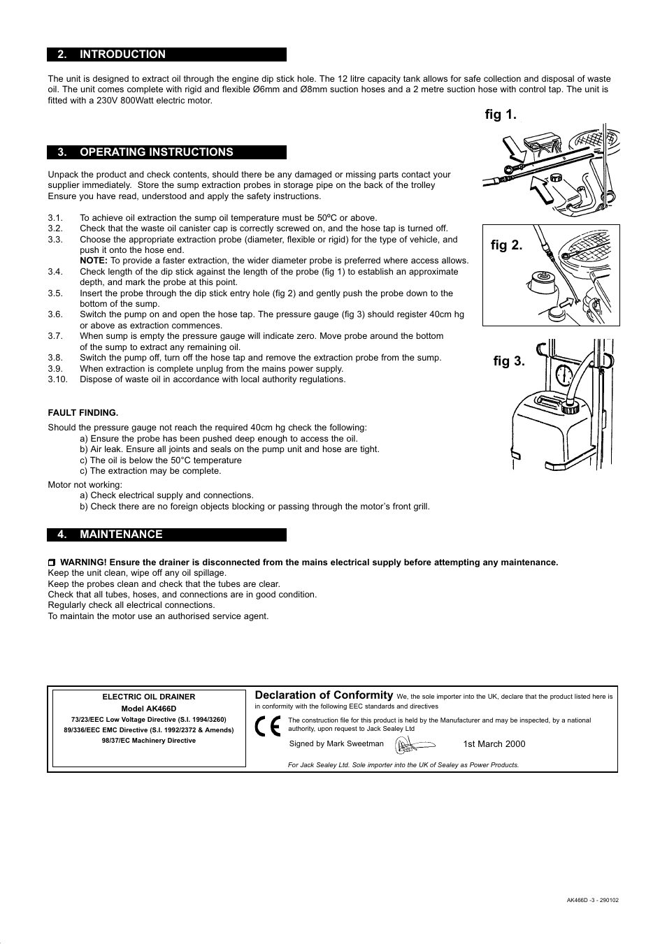 Fig 1. fig 2. fig 3, Introduction 3. operating instructions, Maintenance declaration of conformity | Sealey AK466D User Manual | Page 2 / 2