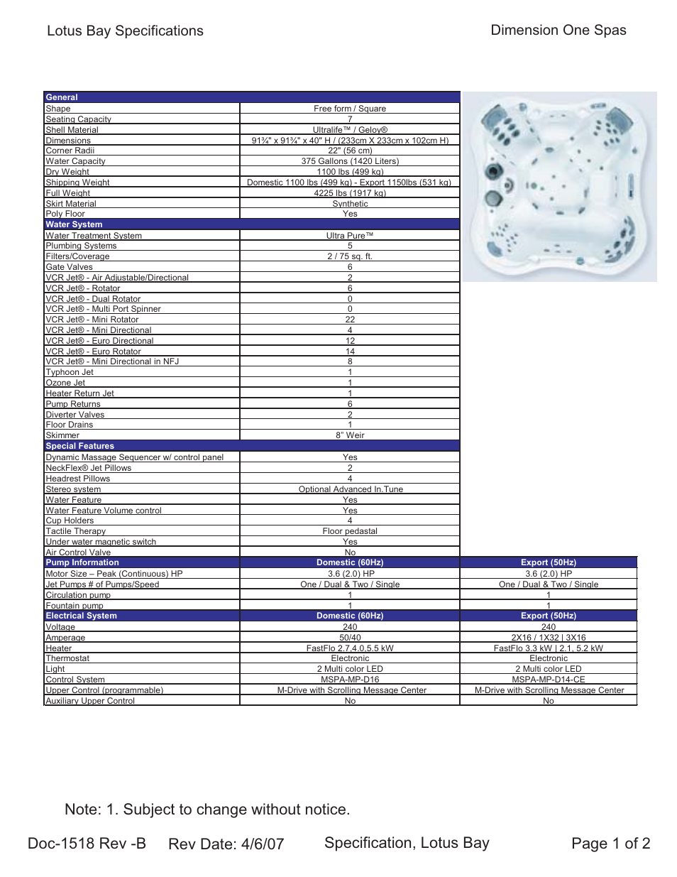Dimension One Spas Lotus Bay User Manual | 2 pages