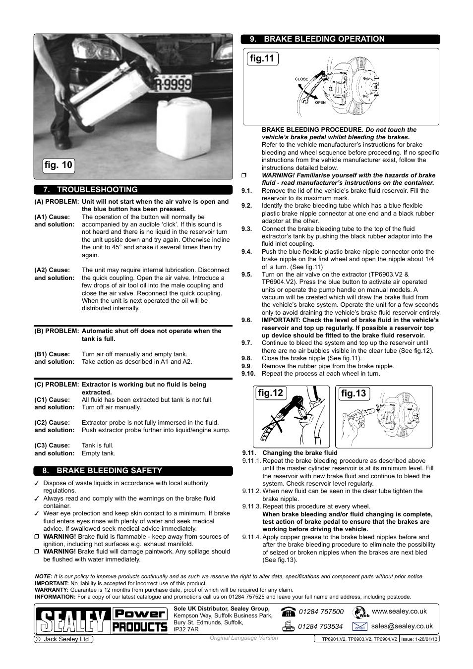 Fig. 10, Troubleshooting, Brake bleeding safety 9. brake bleeding operation | Sealey TP6901 User Manual | Page 4 / 4