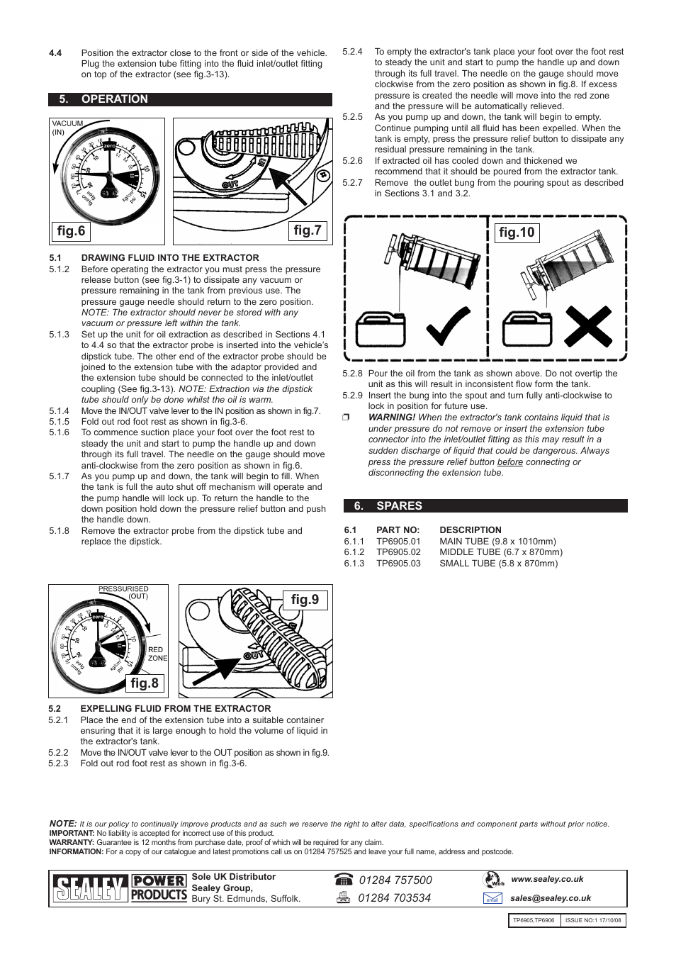 Fig.6 fig.7, Fig.8 fig.9, Fig.10 | Operation 6. spares | Sealey TP6905 User Manual | Page 3 / 3