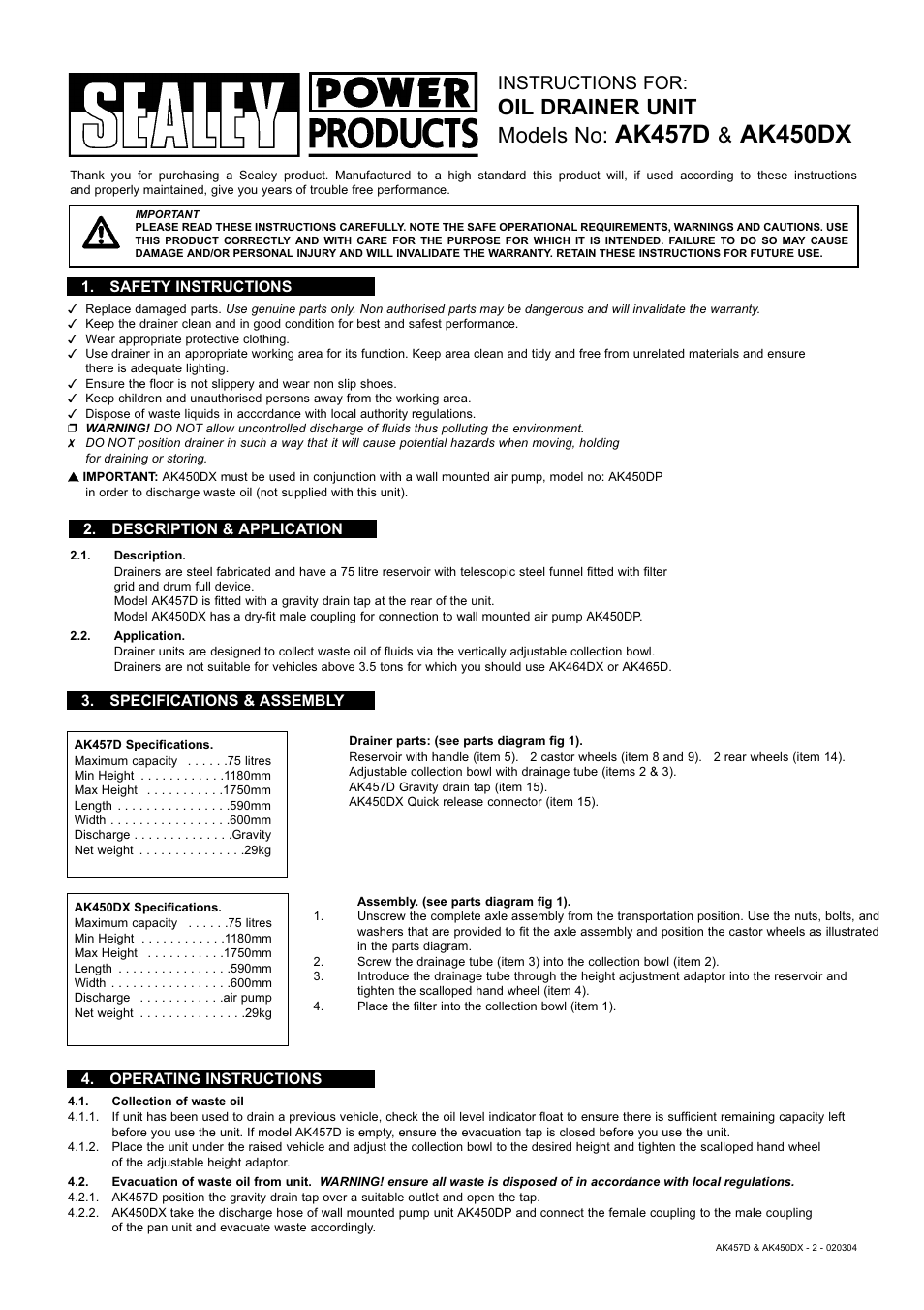 Sealey AK450DX User Manual | 2 pages