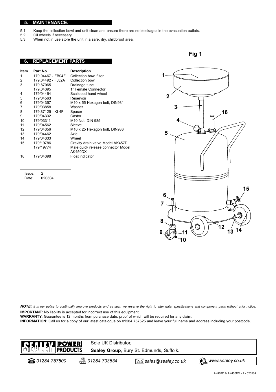 Fig 1, Replacement parts, Maintenance | Sealey AK450DX User Manual | Page 2 / 2