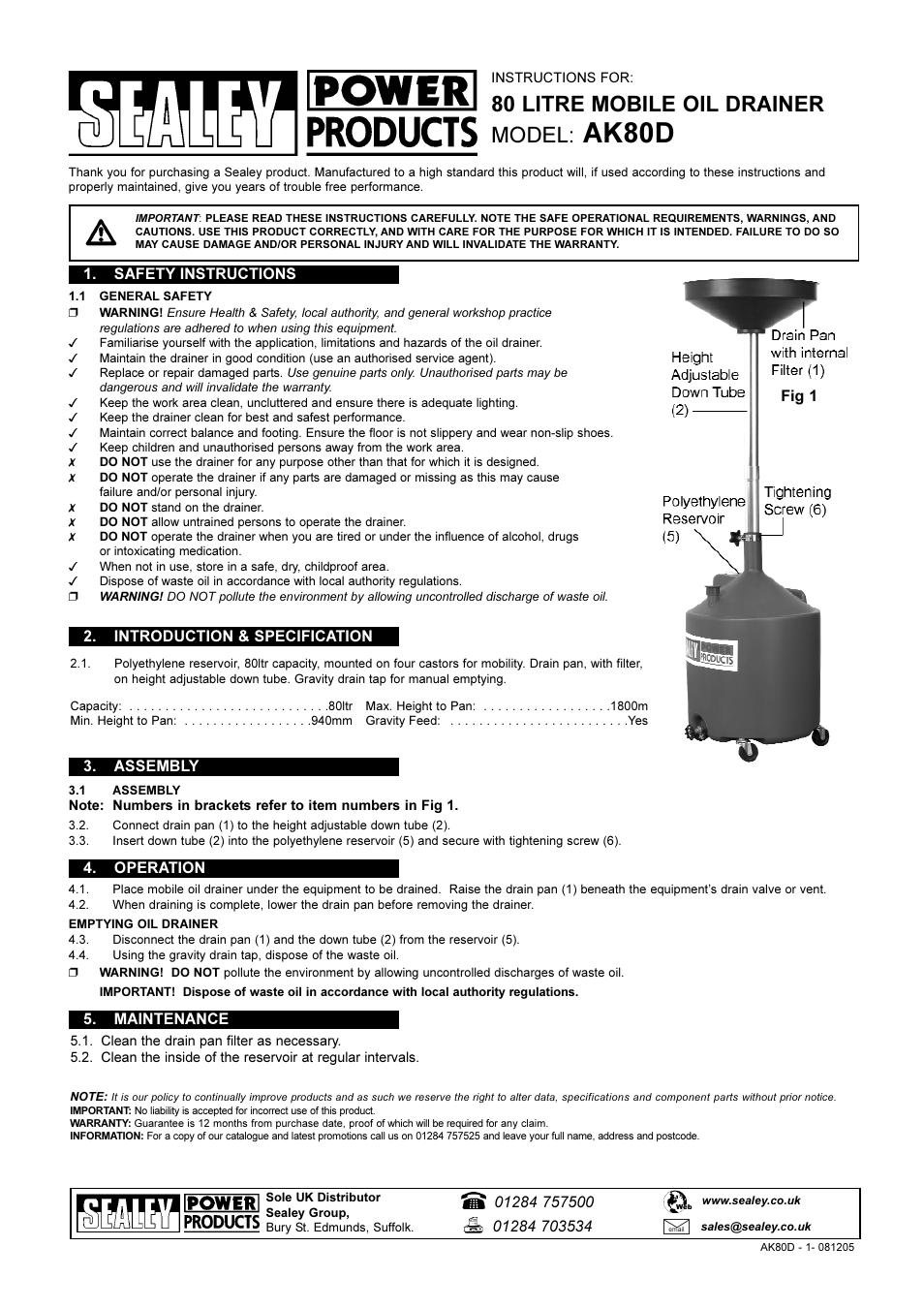 Sealey AK80D User Manual | 1 page